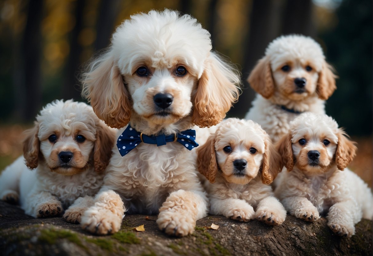 A royal poodle with a litter of puppies, showcasing their fluffy coats and distinct features