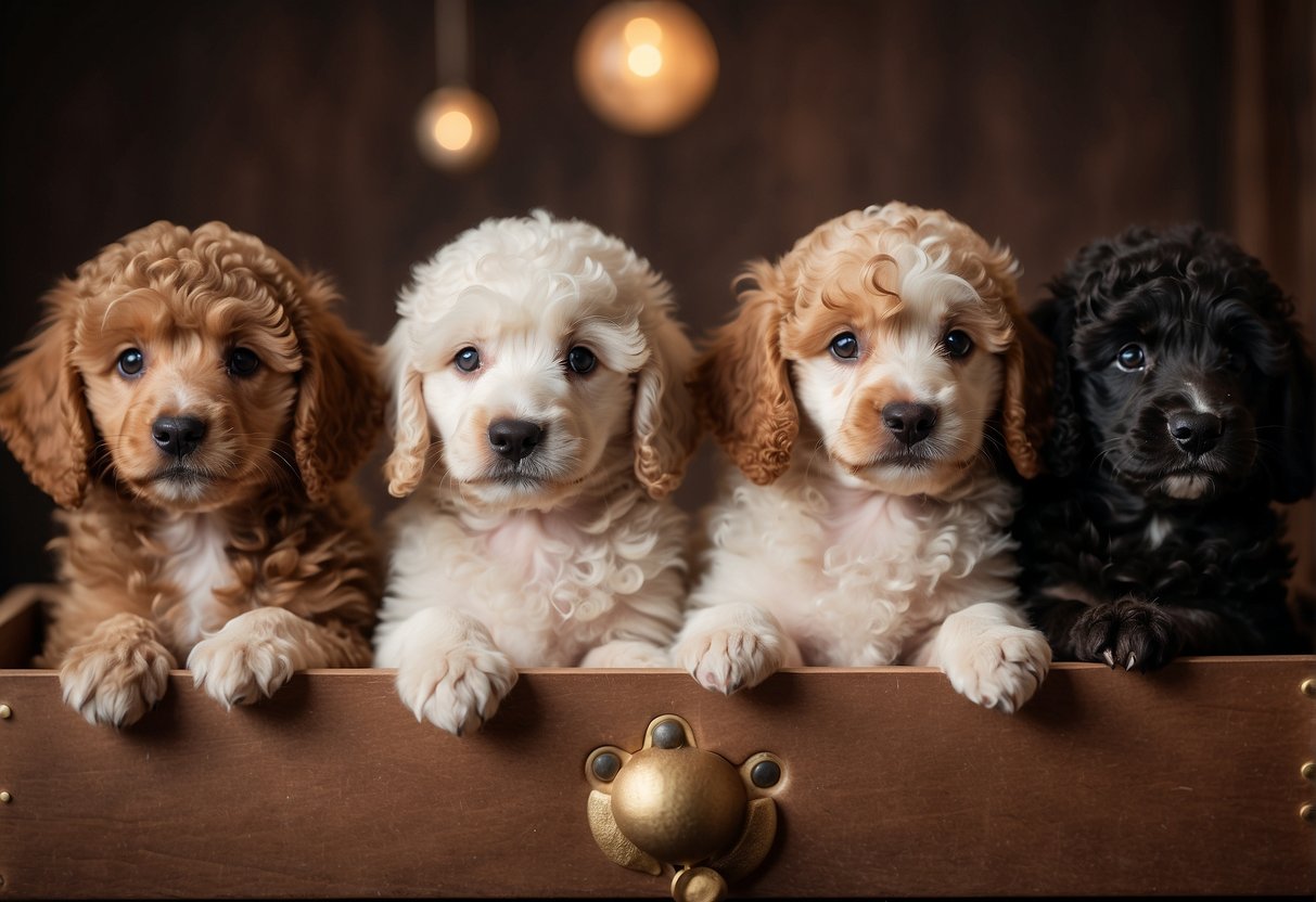 A litter of royal poodle puppies, showcasing different colors and sizes, playfully interact in a cozy, warm whelping box