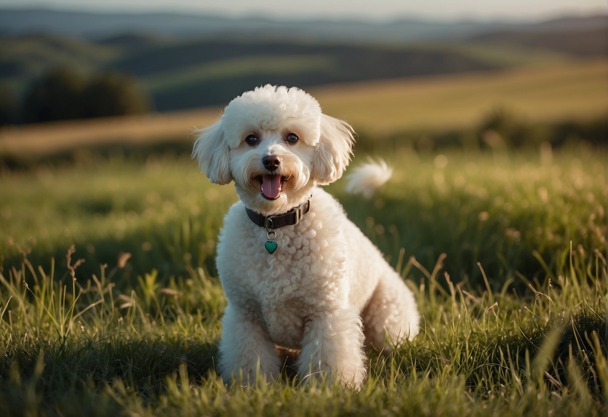 A fluffy white poodle sits on a vibrant green grass field, looking up at the blue sky with a curious expression
