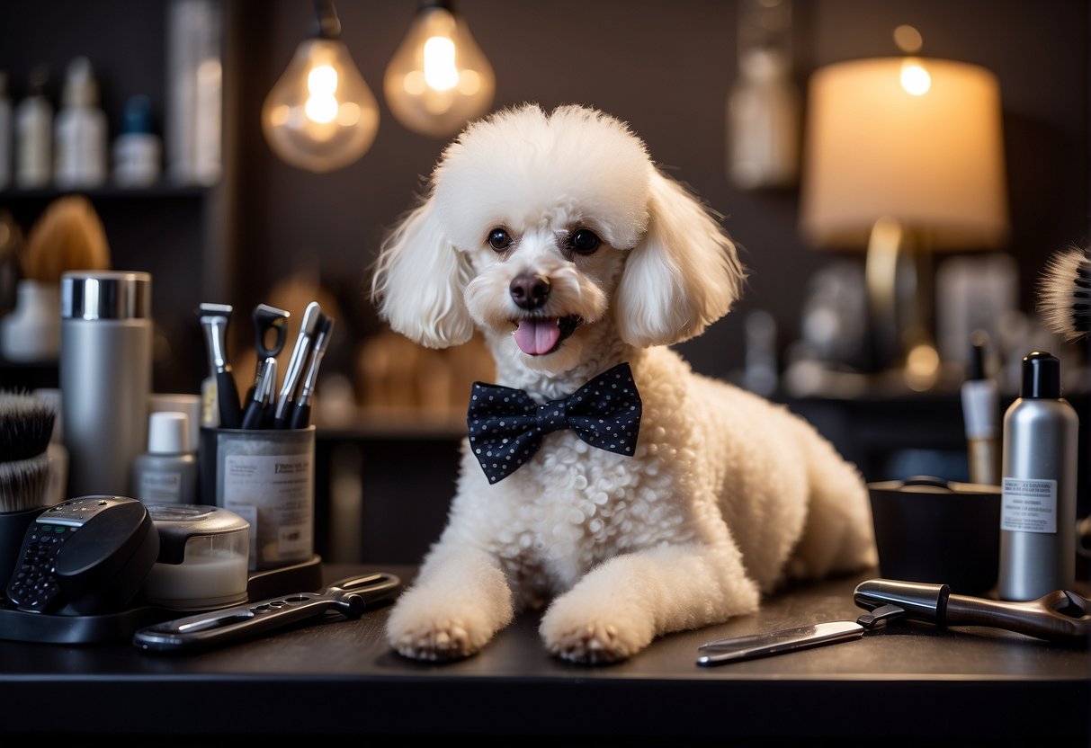 A playful poodle dog sits beside a grooming table, surrounded by brushes, scissors, and a price list for grooming services