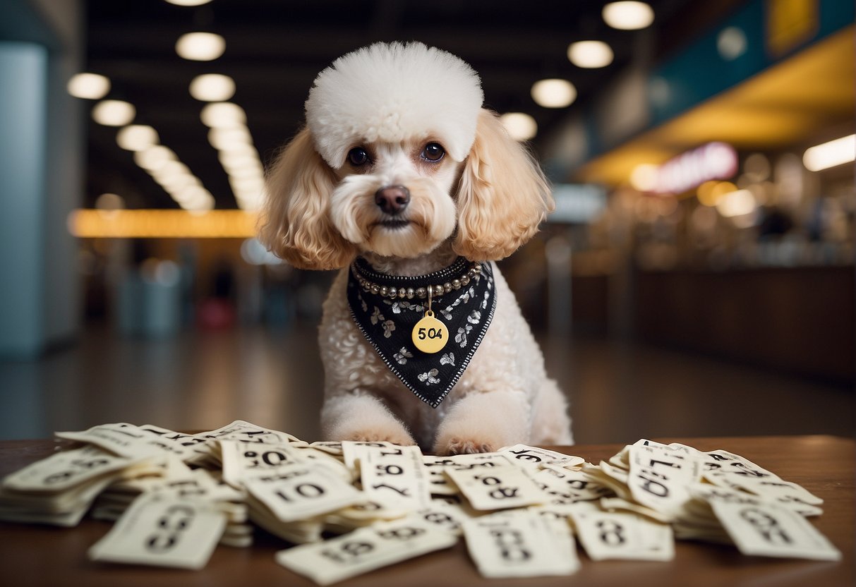 A poodle sitting next to a price tag, surrounded by question marks
