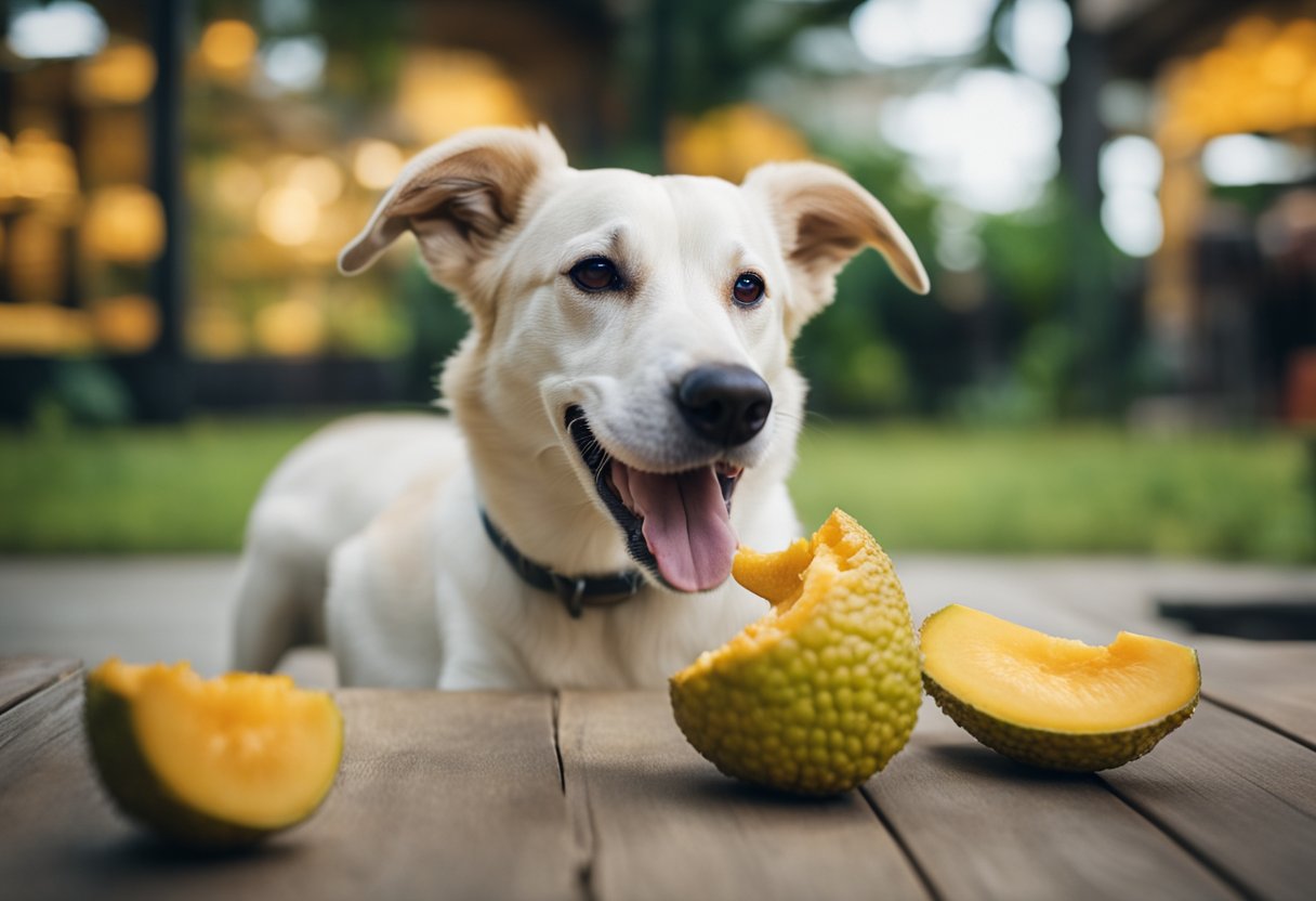 A dog eagerly munches on ripe jackfruit, its tail wagging with delight