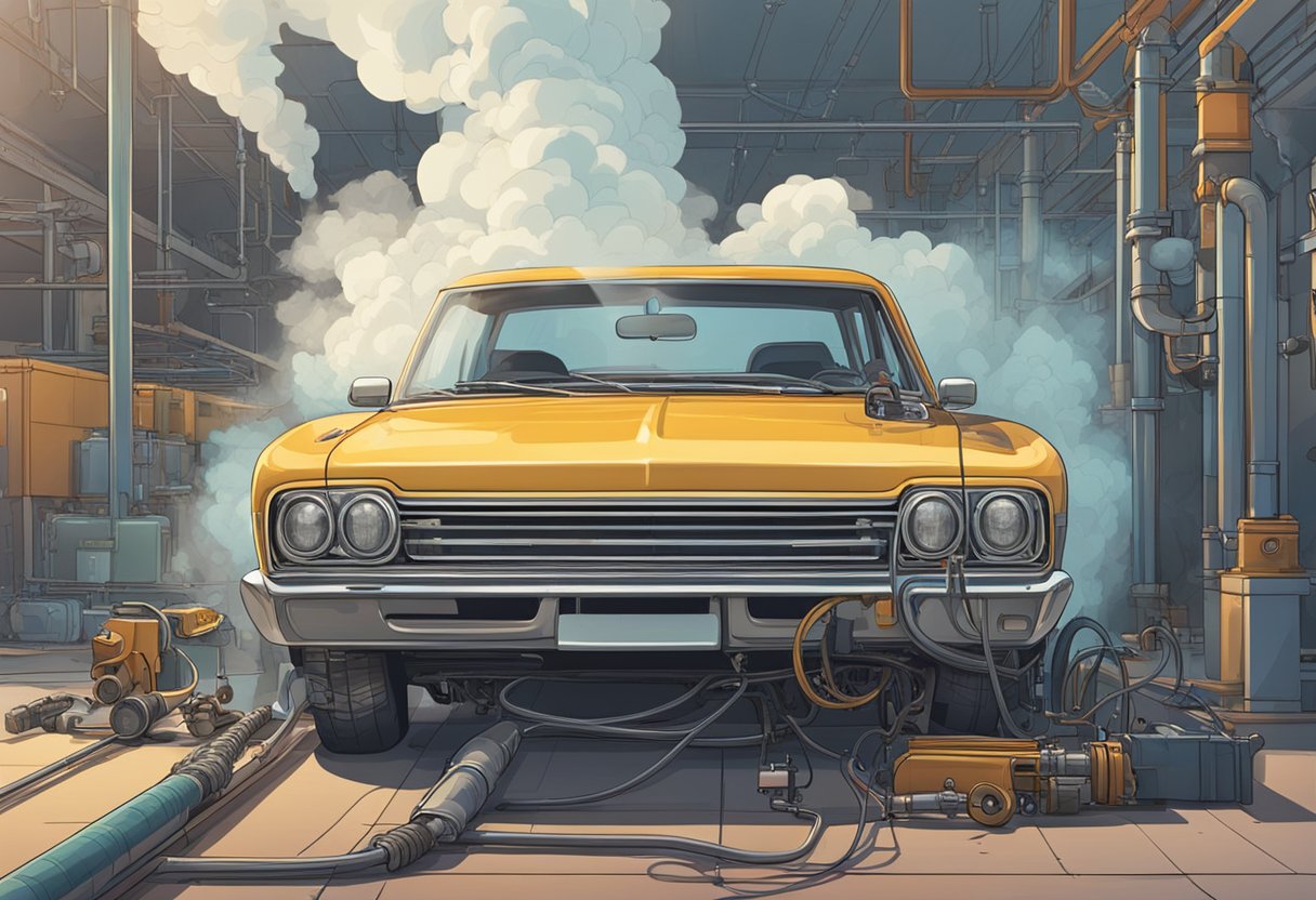 A car sits idle with steam rising from the engine.

The hood is open, revealing a tangle of pipes and wires. A frustrated driver looks on, holding a wrench
