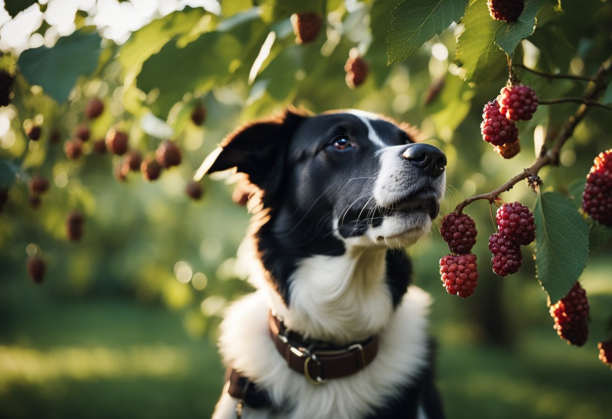 A dog eagerly eats ripe mulberries from a low-hanging tree