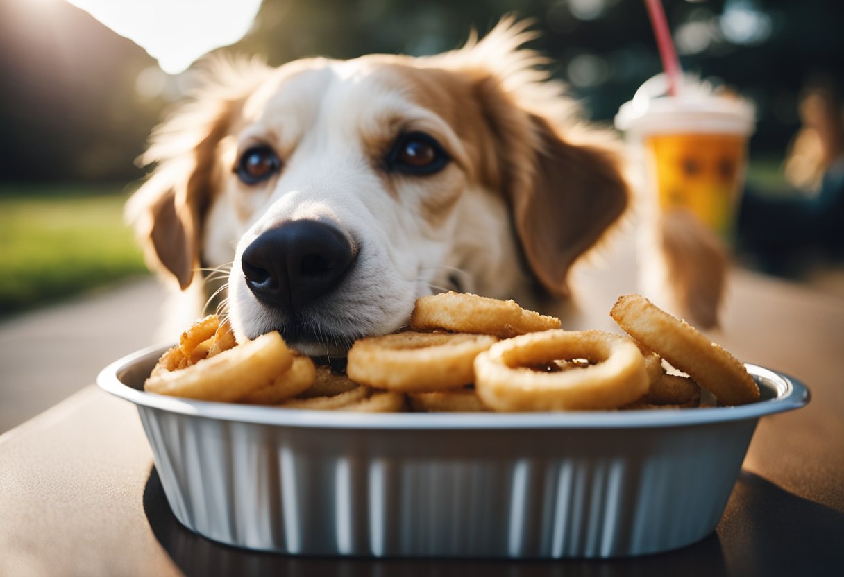 A dog eagerly devours onion rings from a discarded fast food container