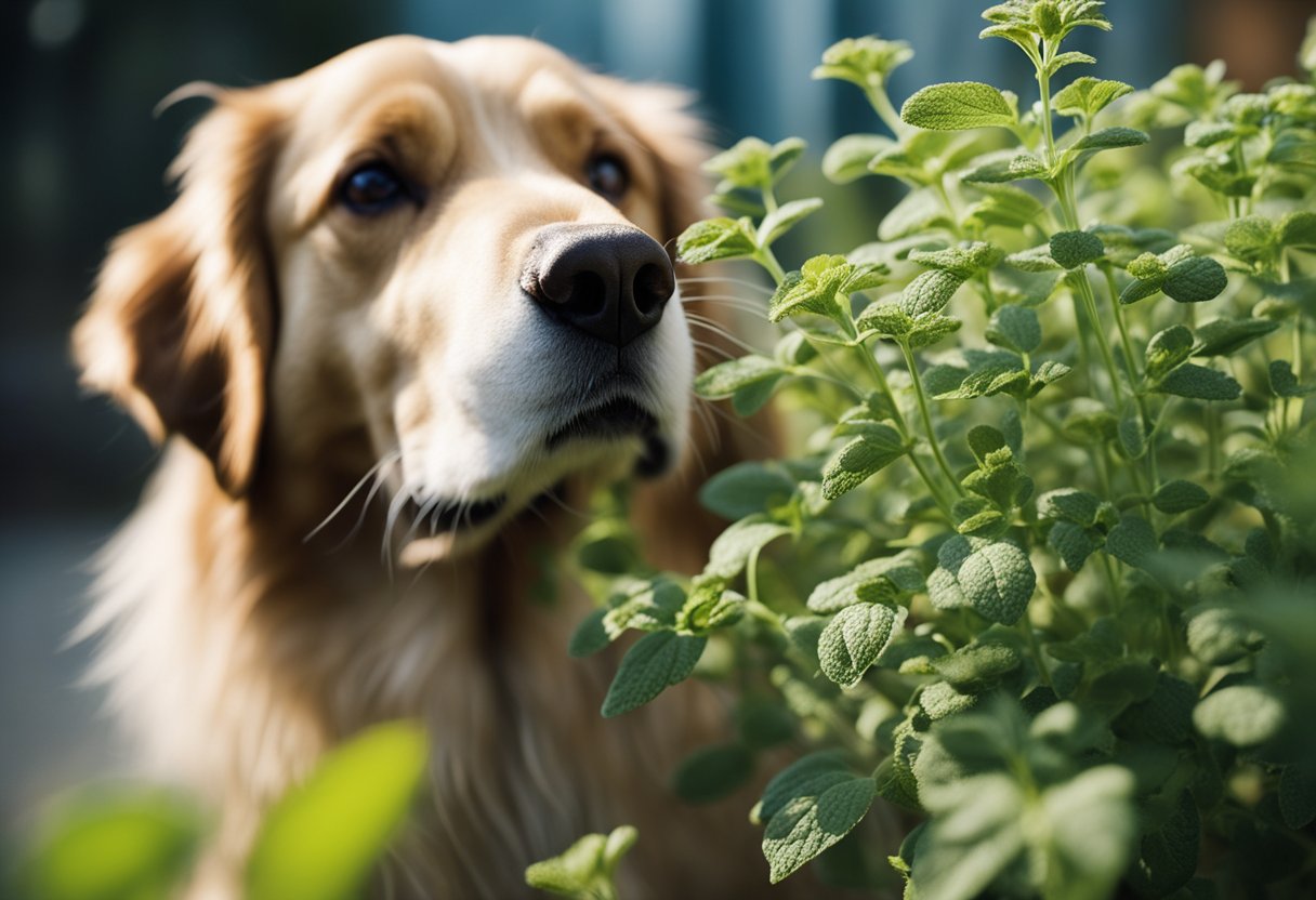 A dog eagerly sniffs a sprig of oregano, its tail wagging in anticipation