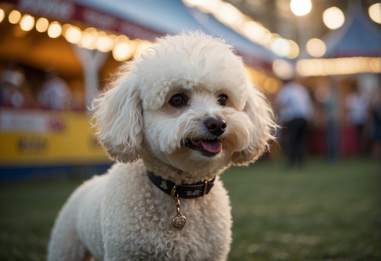 A bichon frisé poodle at a fair, priced and displayed for sale
