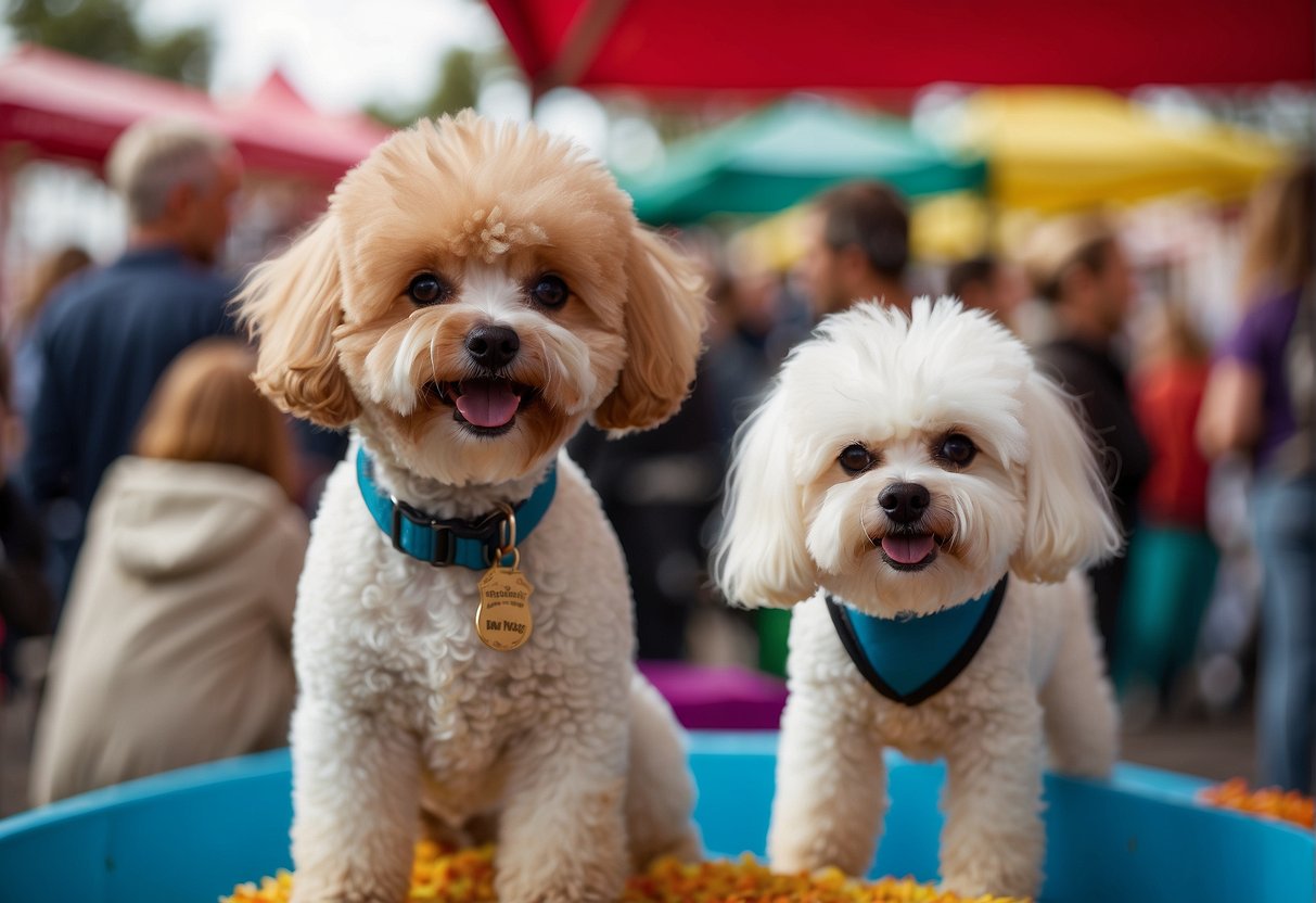 A bichon frisé caniche for sale at a fair, surrounded by curious onlookers and colorful stalls