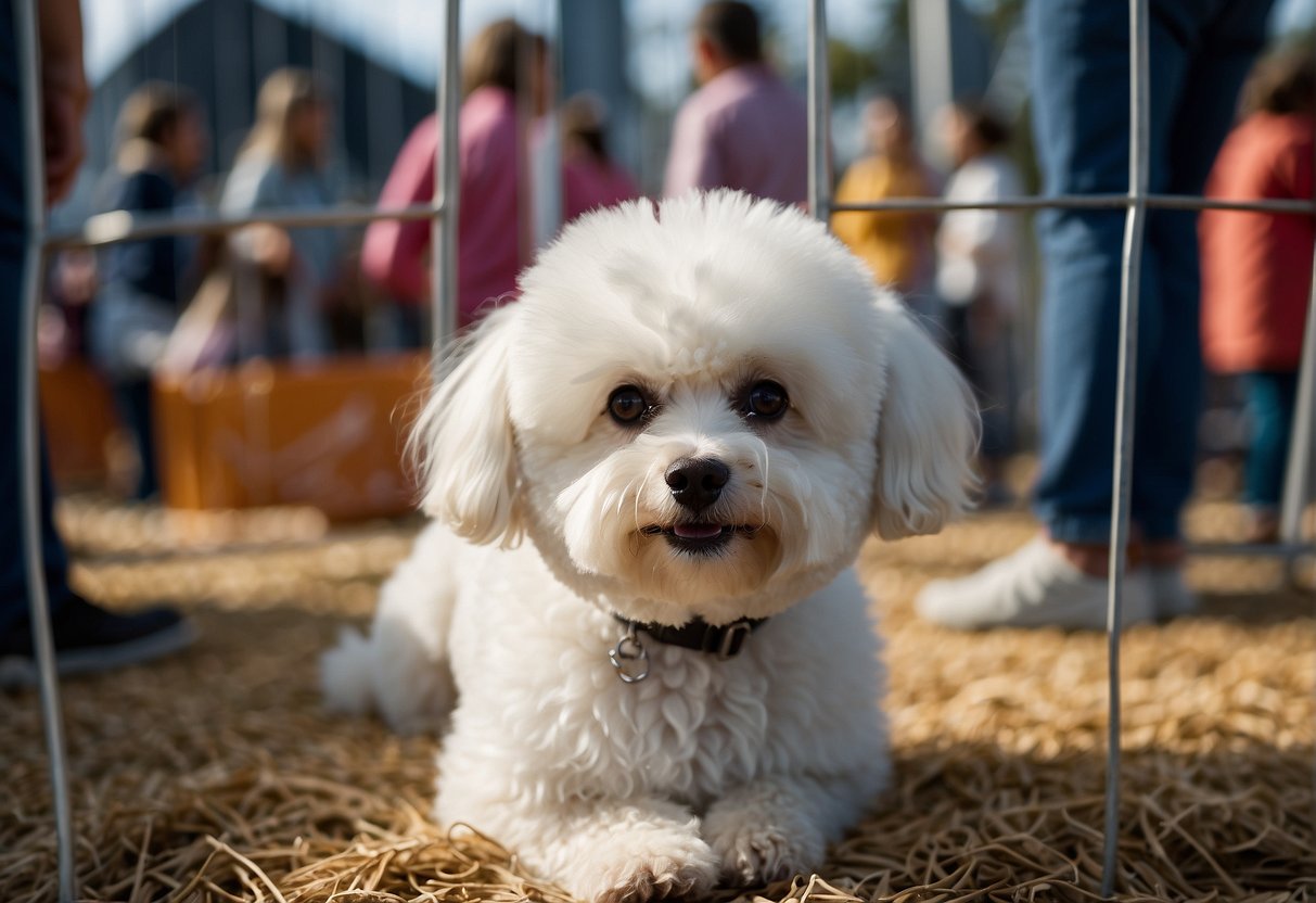 A fluffy bichon frisé caniche sits in a cage at a fair, surrounded by curious onlookers