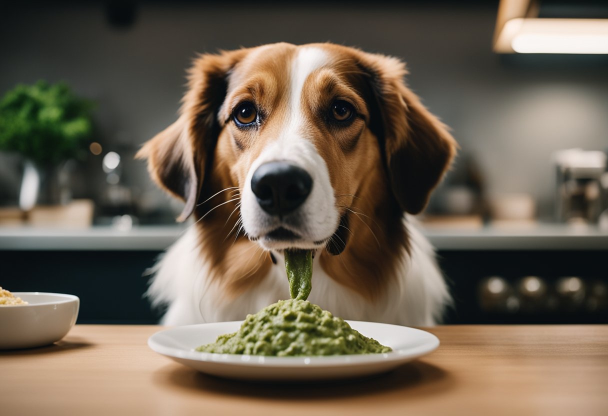A dog eagerly licks its lips as it gazes at a bowl of freshly made pesto on the kitchen counter