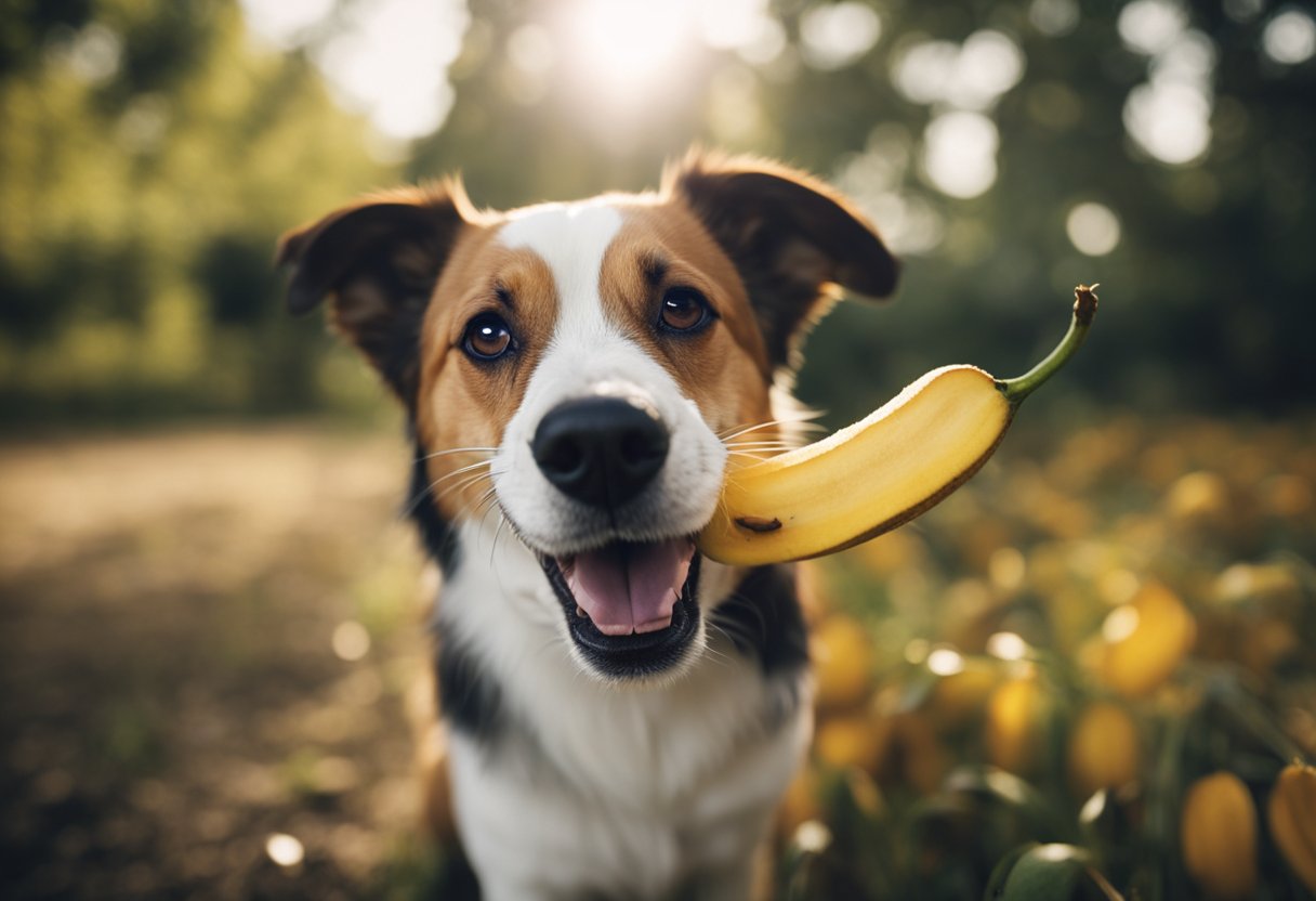 A dog eagerly munches on a ripe plantain, its tail wagging in excitement