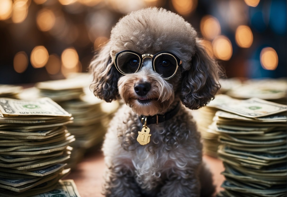 A poodle surrounded by French currency and price tags