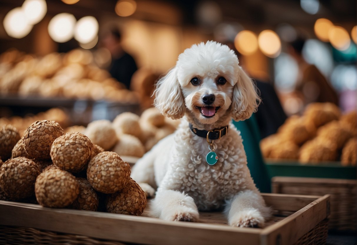 A poodle being purchased in a French market