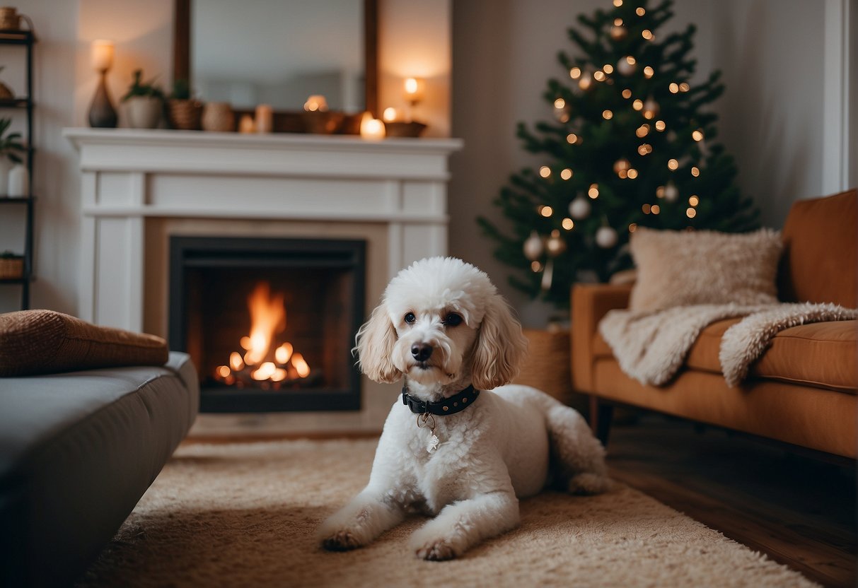 A cozy living room with a poodle by the fireplace