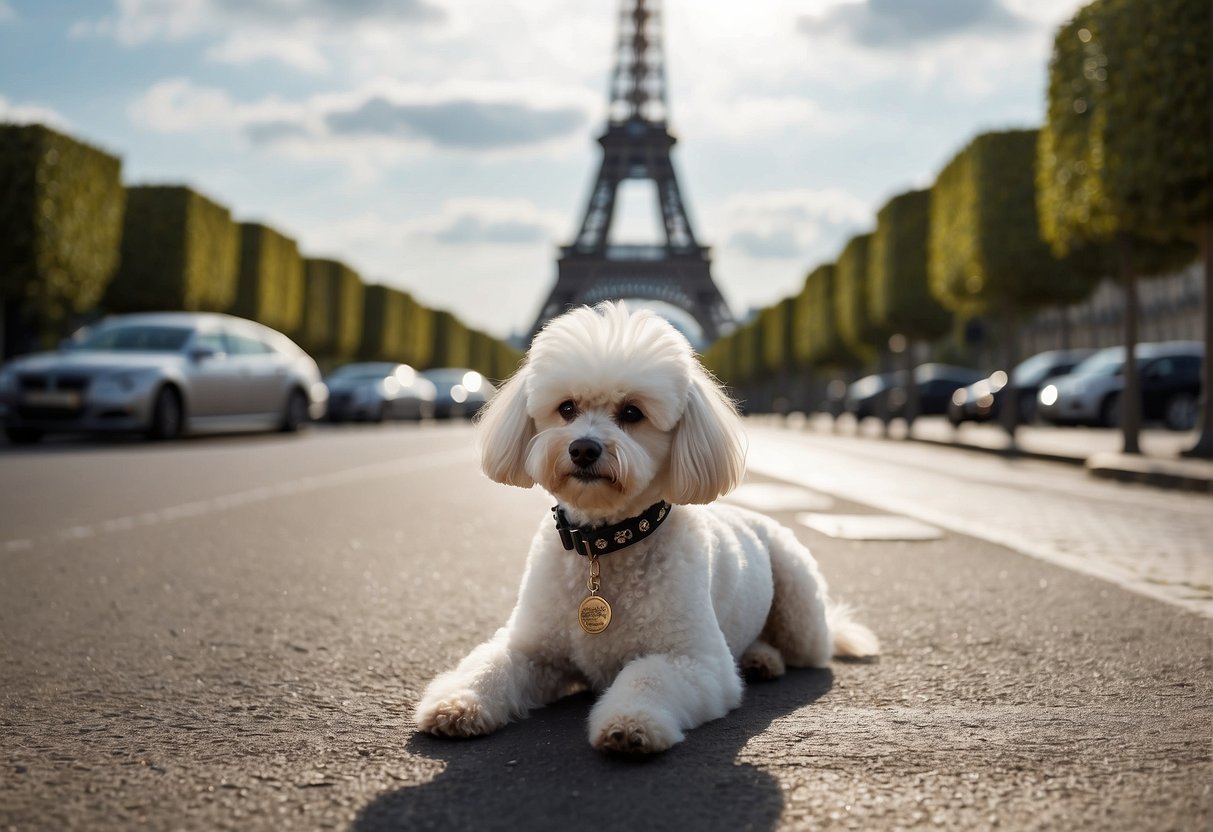 A fluffy white poodle sits on a French street, with a price tag hanging from its collar. The Eiffel Tower looms in the background