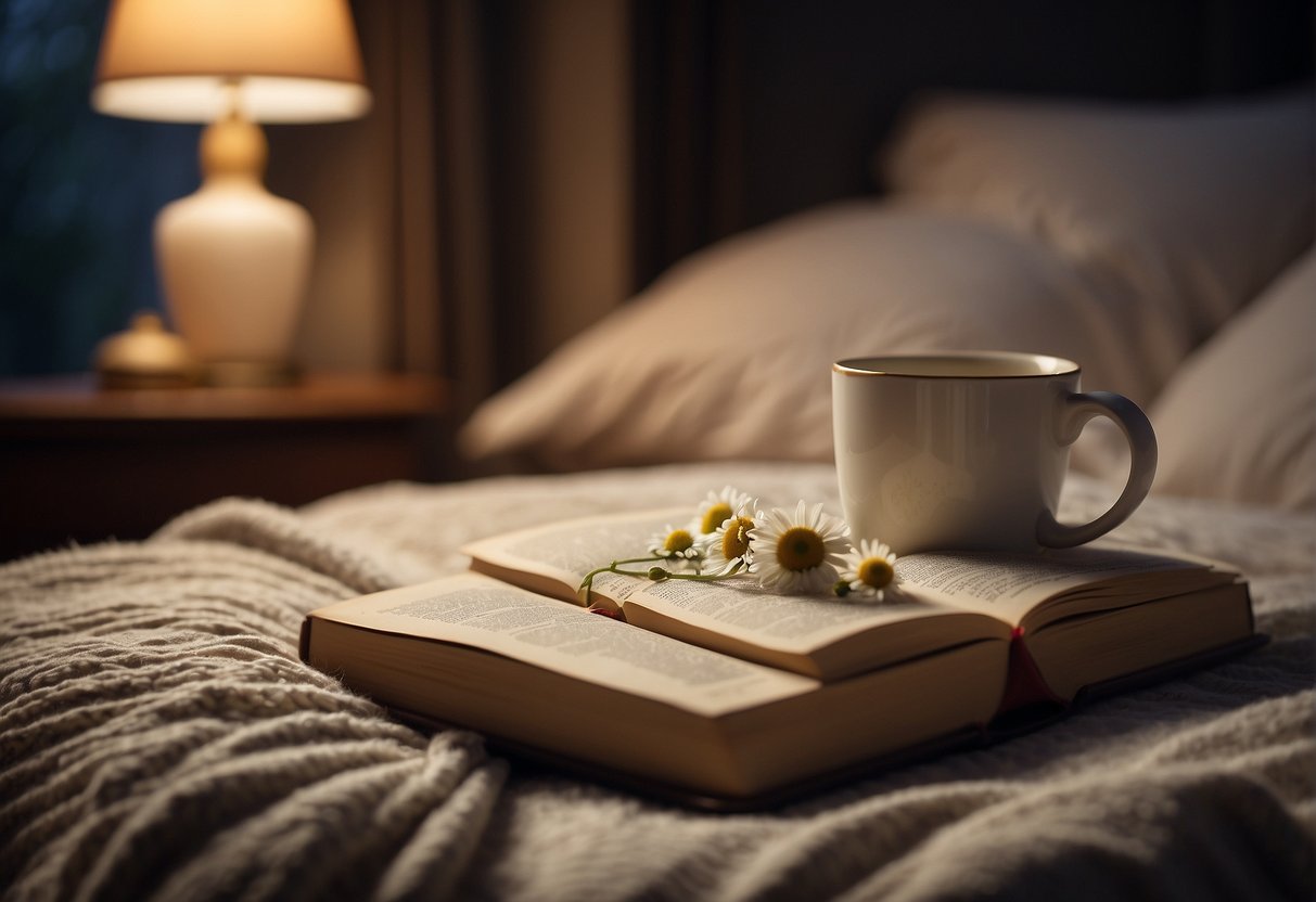 A cozy bed with dim lighting, a warm blanket, and a book on the nightstand. A cup of chamomile tea sits nearby, emitting a soothing aroma
