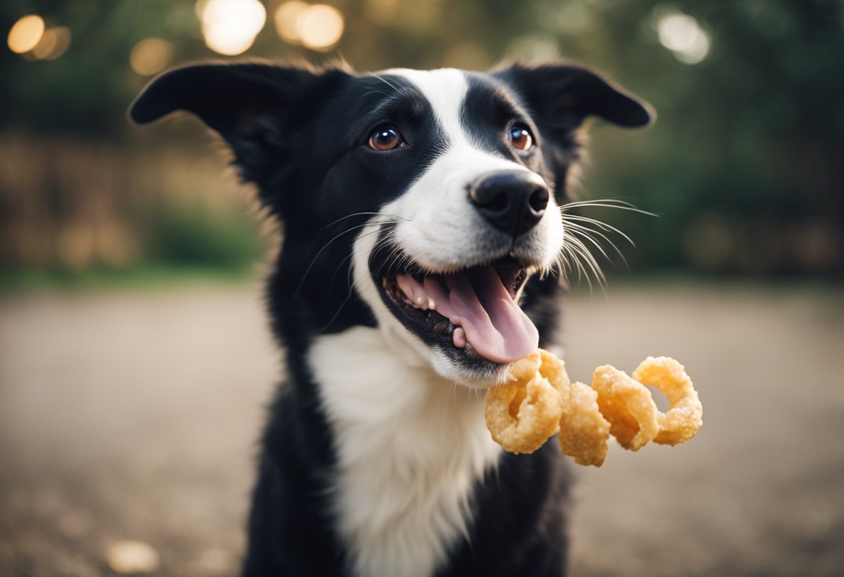A dog eagerly devours pork rinds, wagging its tail in delight