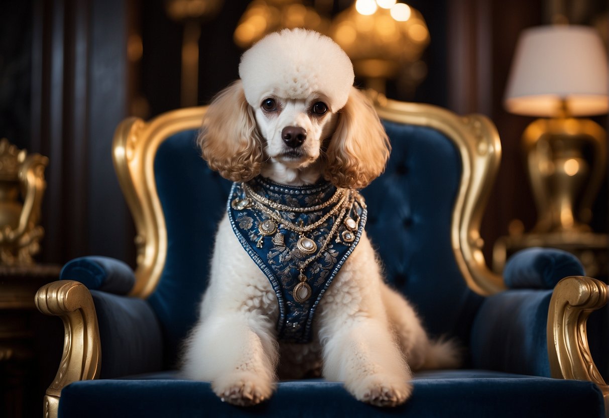 A royal poodle sits on a velvet cushion, surrounded by opulent decor and lavish accessories