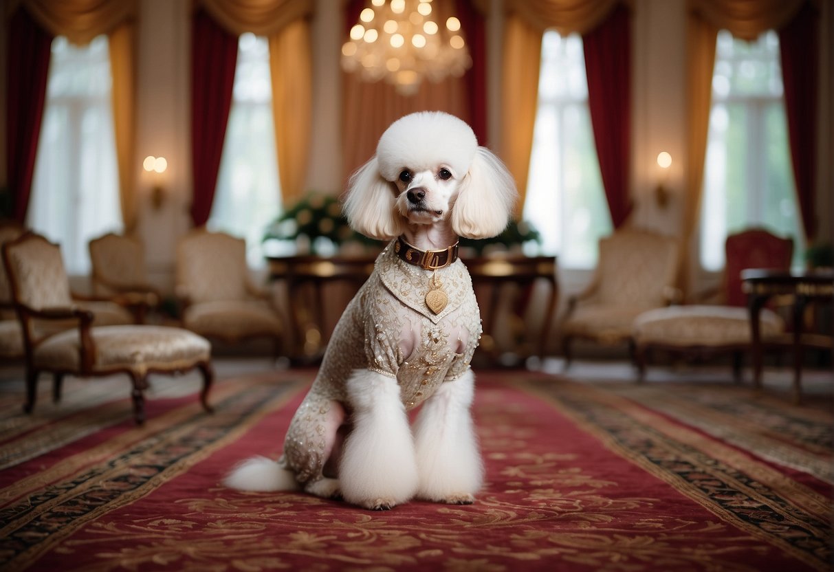 A regal Royal Poodle with a proud stance and elegant demeanor, set against a luxurious backdrop