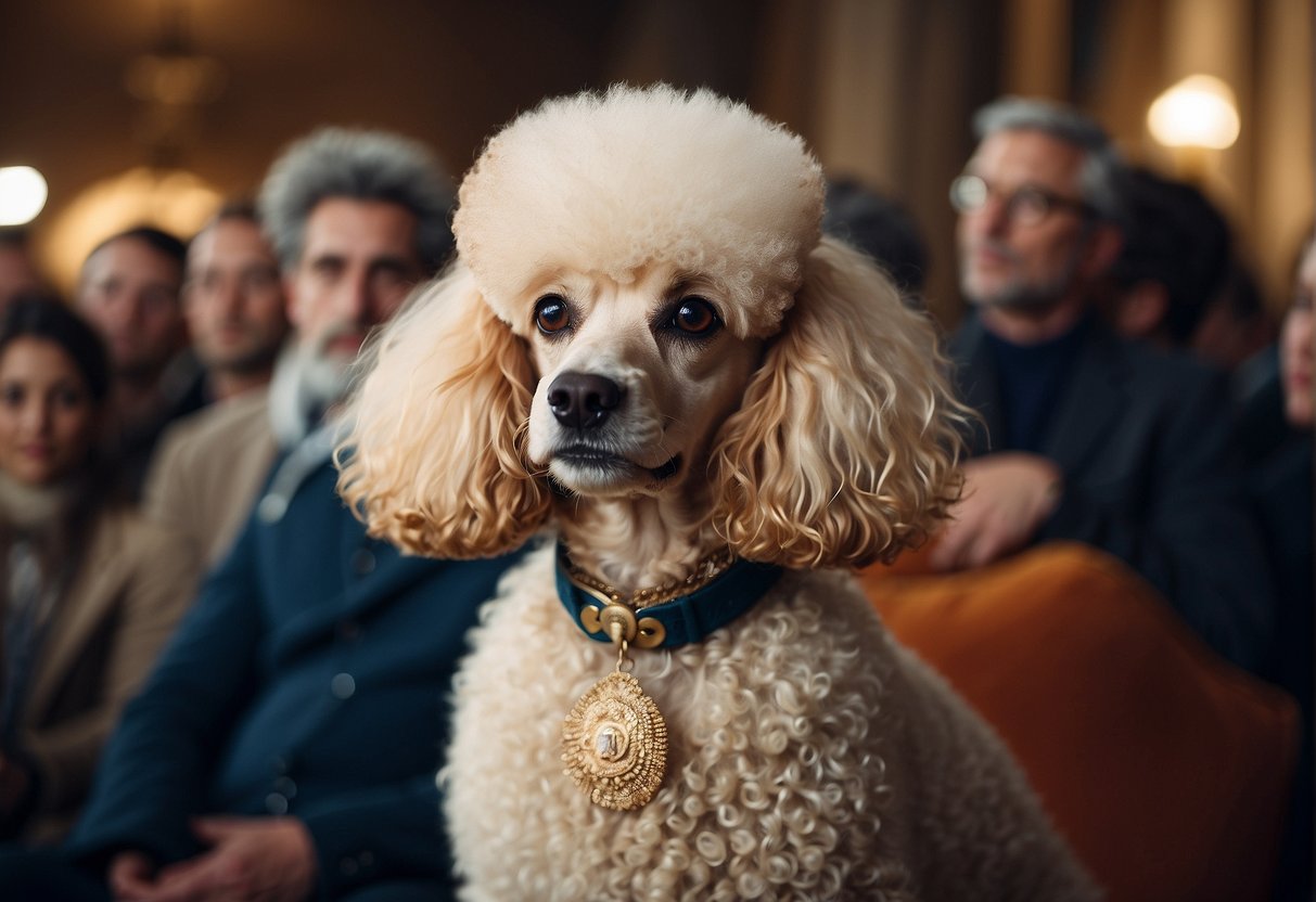 A regal poodle sits on a plush cushion, surrounded by curious onlookers. French text "Frequently Asked Questions combien coute un caniche royal" hovers above