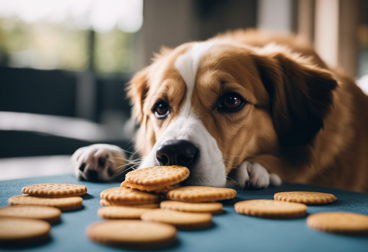 A dog eagerly munches on Ritz crackers, wagging its tail in delight