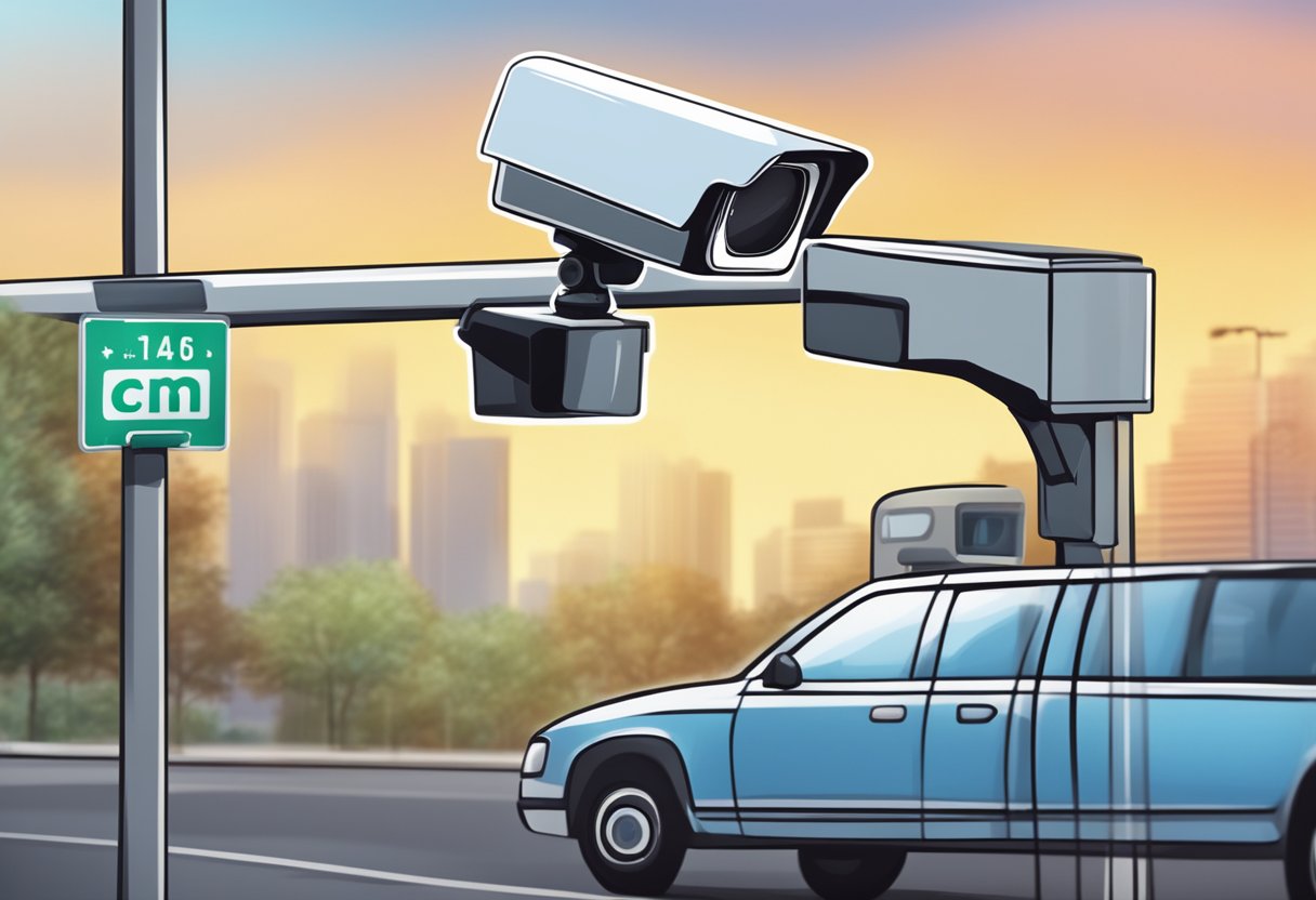 A license plate being photographed by a surveillance camera with a blurred background