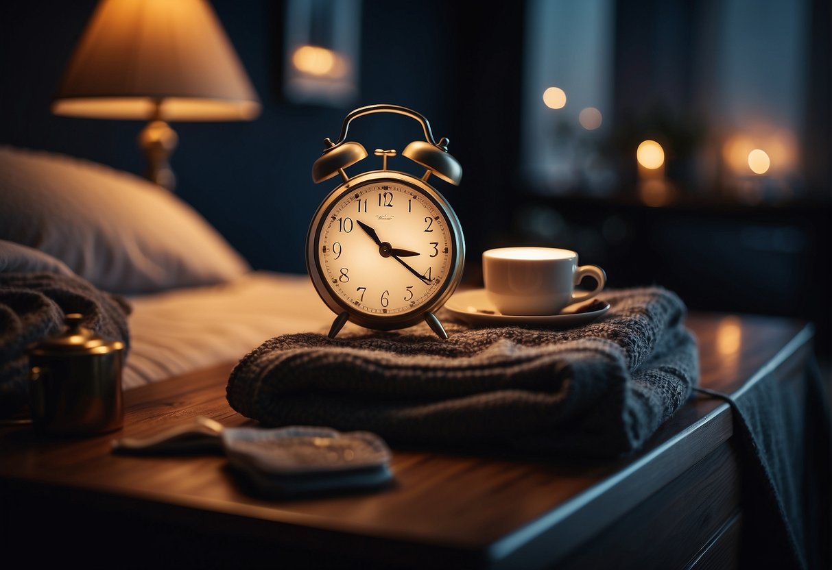 A dark room with a cozy bed, soft pillows, and a warm blanket. A clock on the nightstand shows the time passing