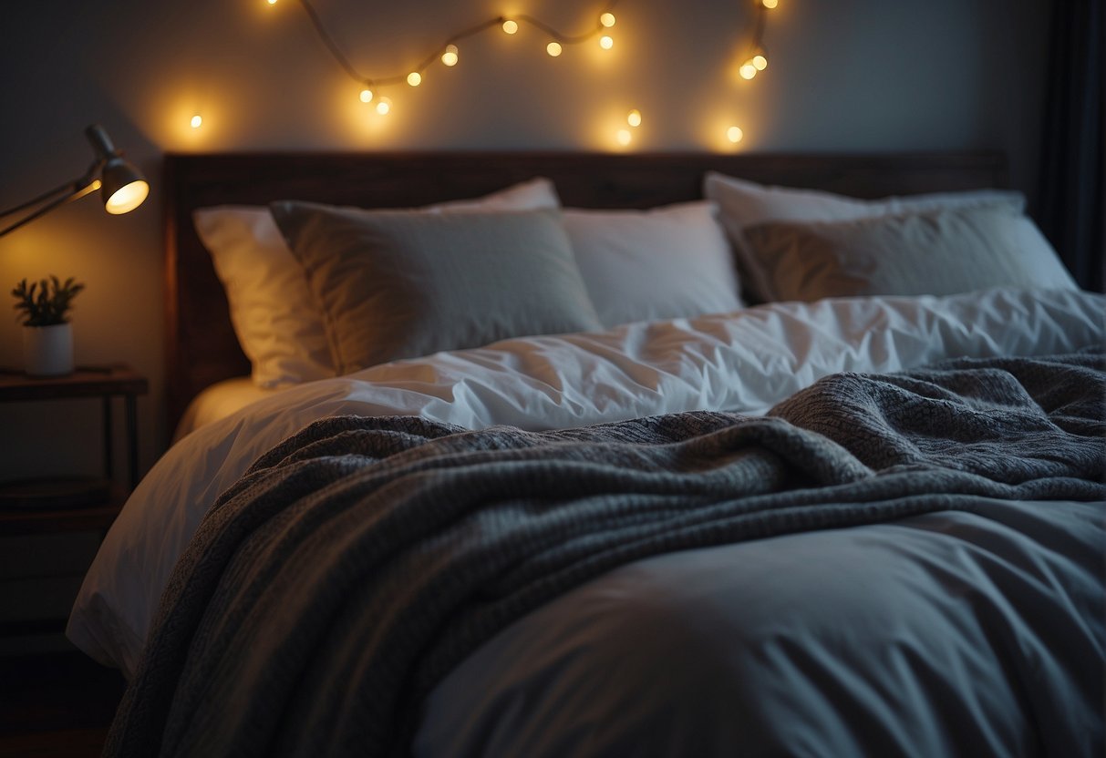 A cozy bed with soft pillows and blankets, a dimly lit room, and a peaceful atmosphere conducive to relaxation and rest