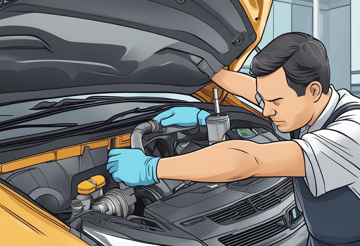 A mechanic using diagnostic equipment to test a catalytic converter in a car exhaust system