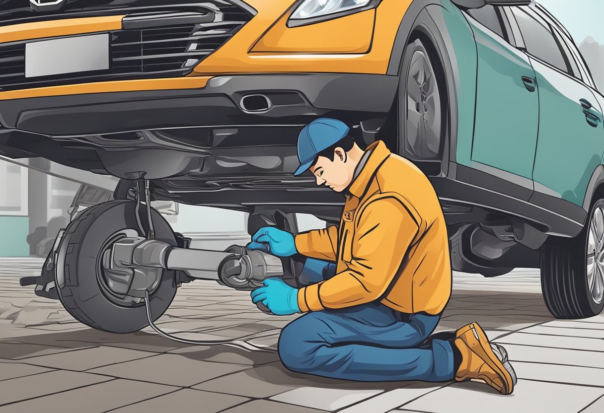 A mechanic removes the catalytic converter from under the car, inspects it for clogs, and uses a cleaning solution to clear any blockages