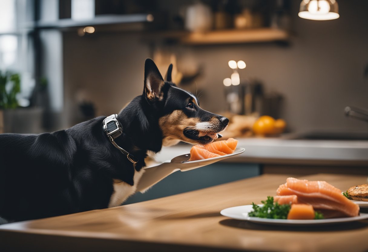 A dog eagerly snatches a piece of smoked salmon from a plate on the kitchen counter