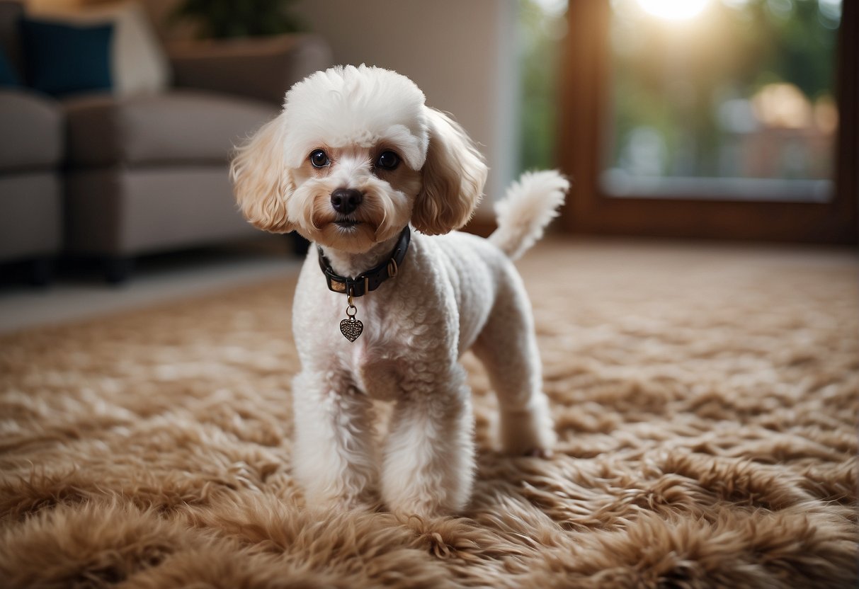 A small poodle stands on a fluffy rug, looking up expectantly