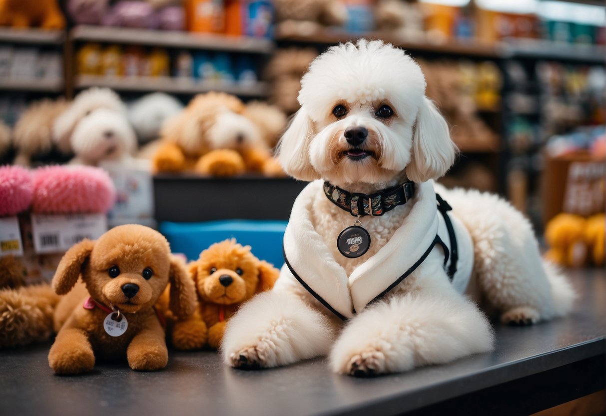 A fluffy white poodle sits beside a price tag, surrounded by pet supplies in a bright, bustling pet store