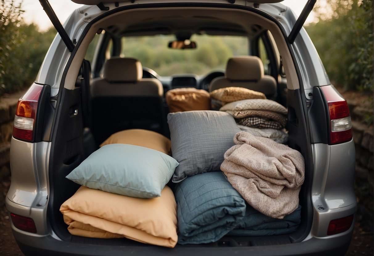 A person sets up bedding in the back of a car, arranging pillows and blankets for comfort