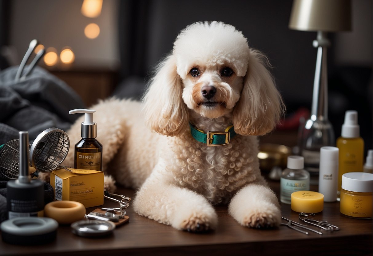 A poodle being groomed and cared for, surrounded by grooming tools and products, with a cozy bed and food and water bowls nearby