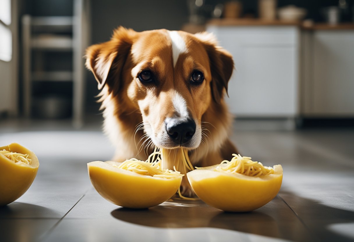 A dog eagerly eats spaghetti squash from a bowl on the kitchen floor