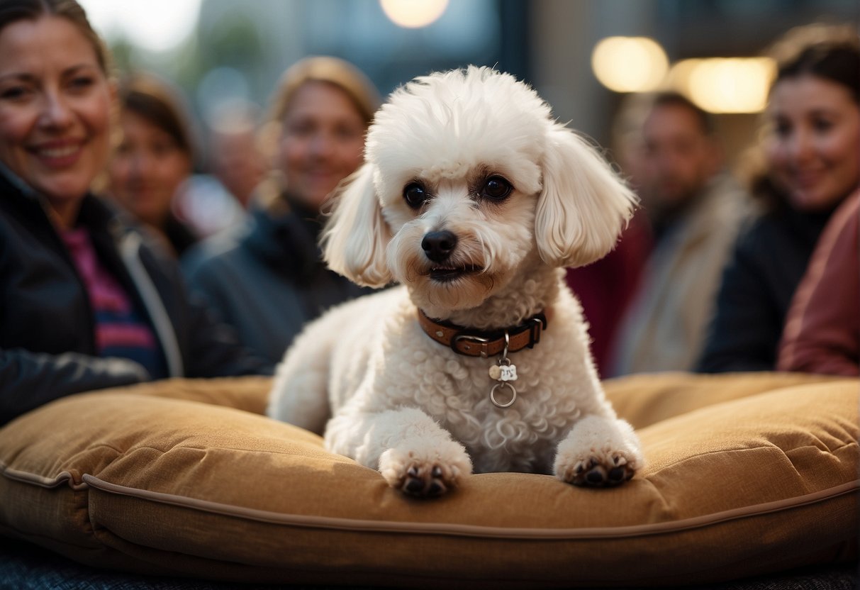 A small poodle sits on a cushion, surrounded by curious onlookers. A price tag dangles from its collar