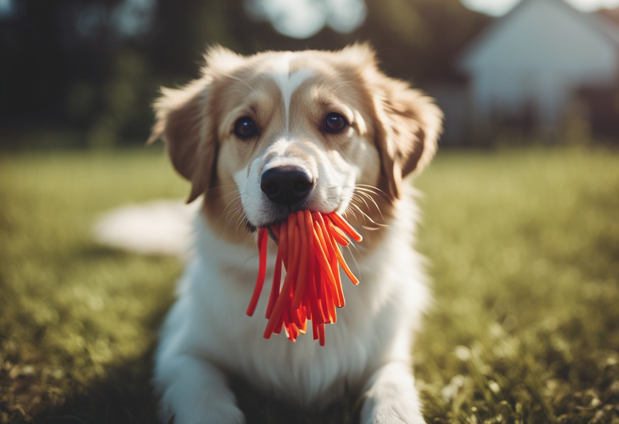 A dog eagerly chews on a red twizzler, its tail wagging in excitement