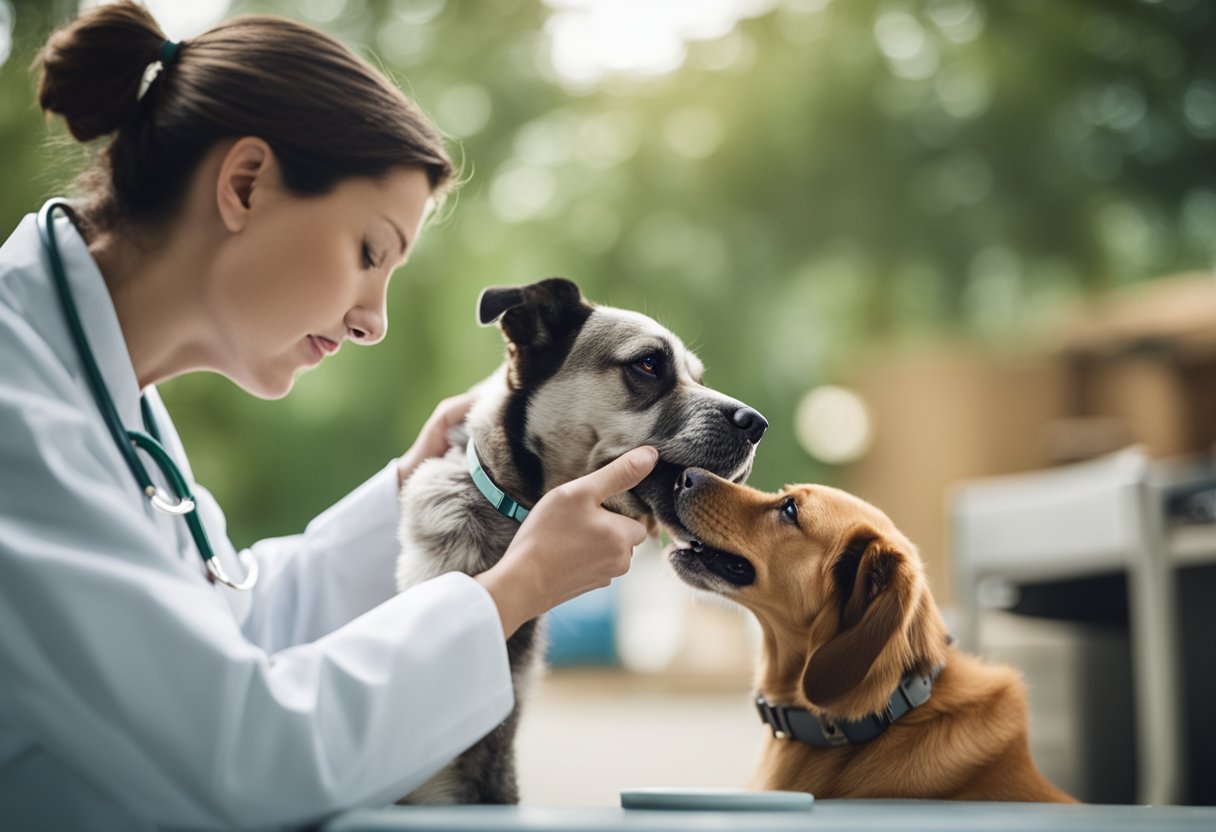 A dog sits with a concerned look, while a veterinarian examines its throat for signs of mono