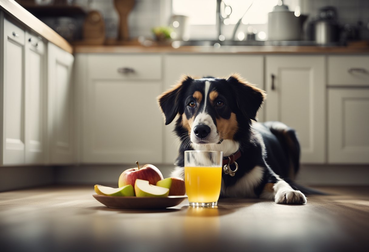 A dog drinks apple juice from a bowl on the kitchen floor