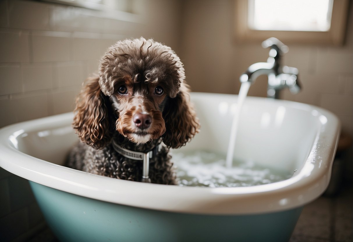 A poodle being washed in a bathtub