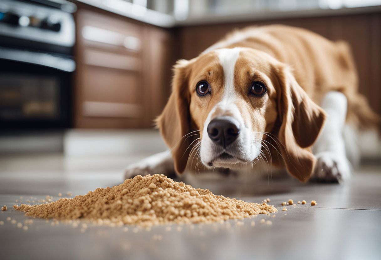 A dog sniffs a spilled bag of brown sugar on the kitchen floor