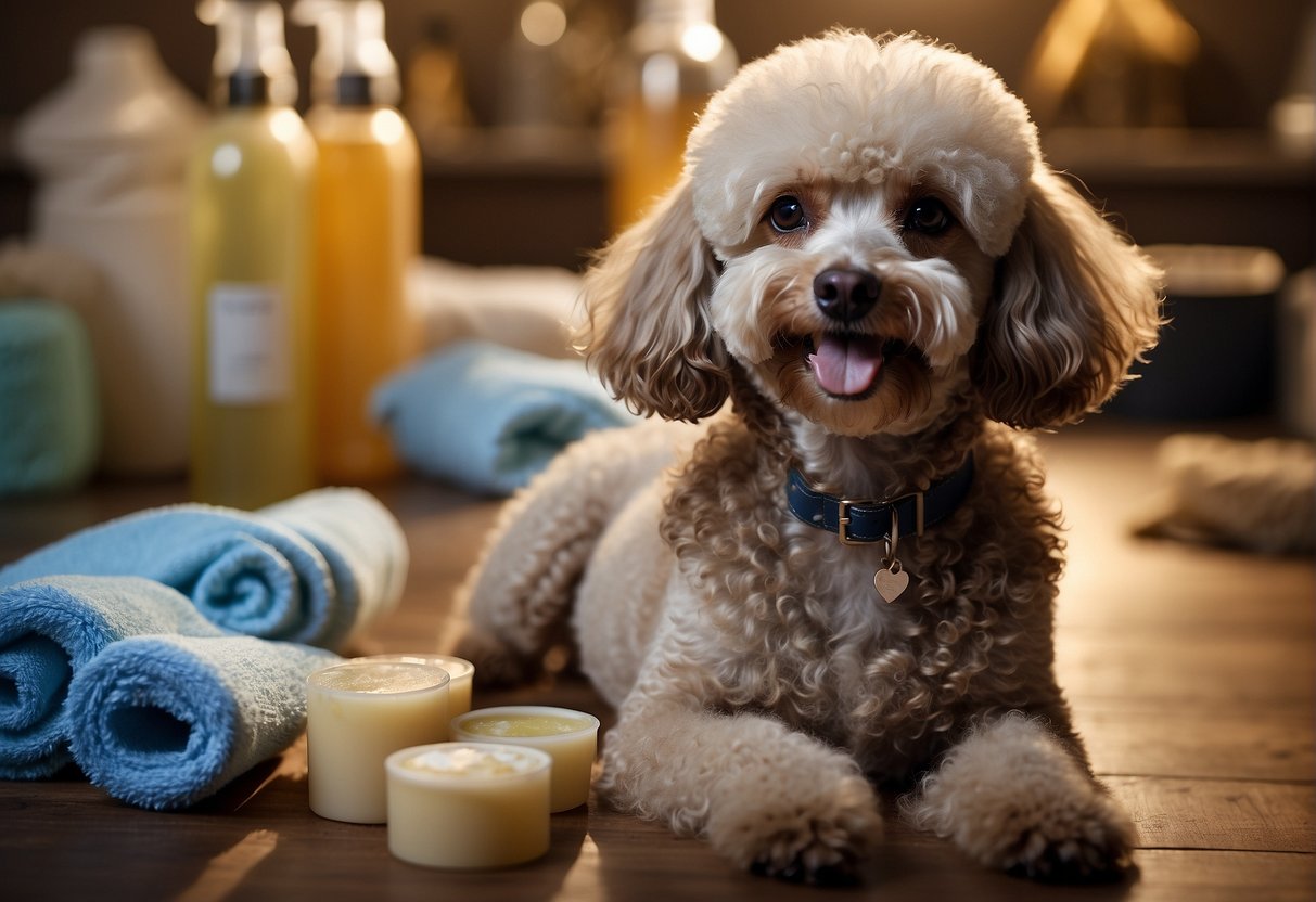 A poodle being gently bathed, surrounded by bottles of shampoo and towels, with a brush and a rubber mat on the floor