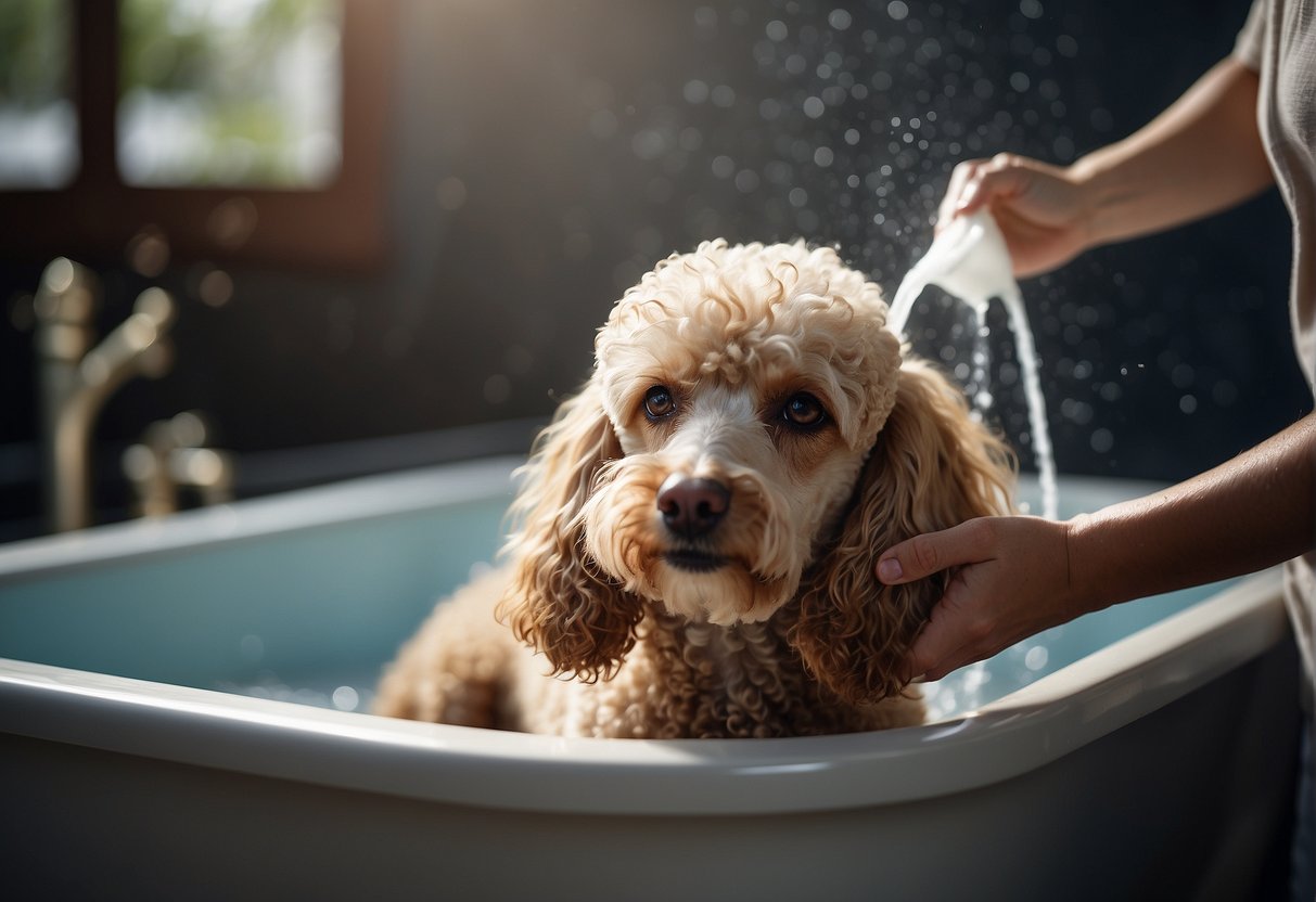 A poodle being bathed with shampoo and water, the frequency of bathing discussed