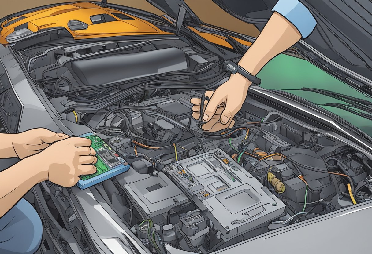 A technician uses a diagnostic tool to analyze a car's PCM.

Wires and connectors are visible as the technician works on the faulty module