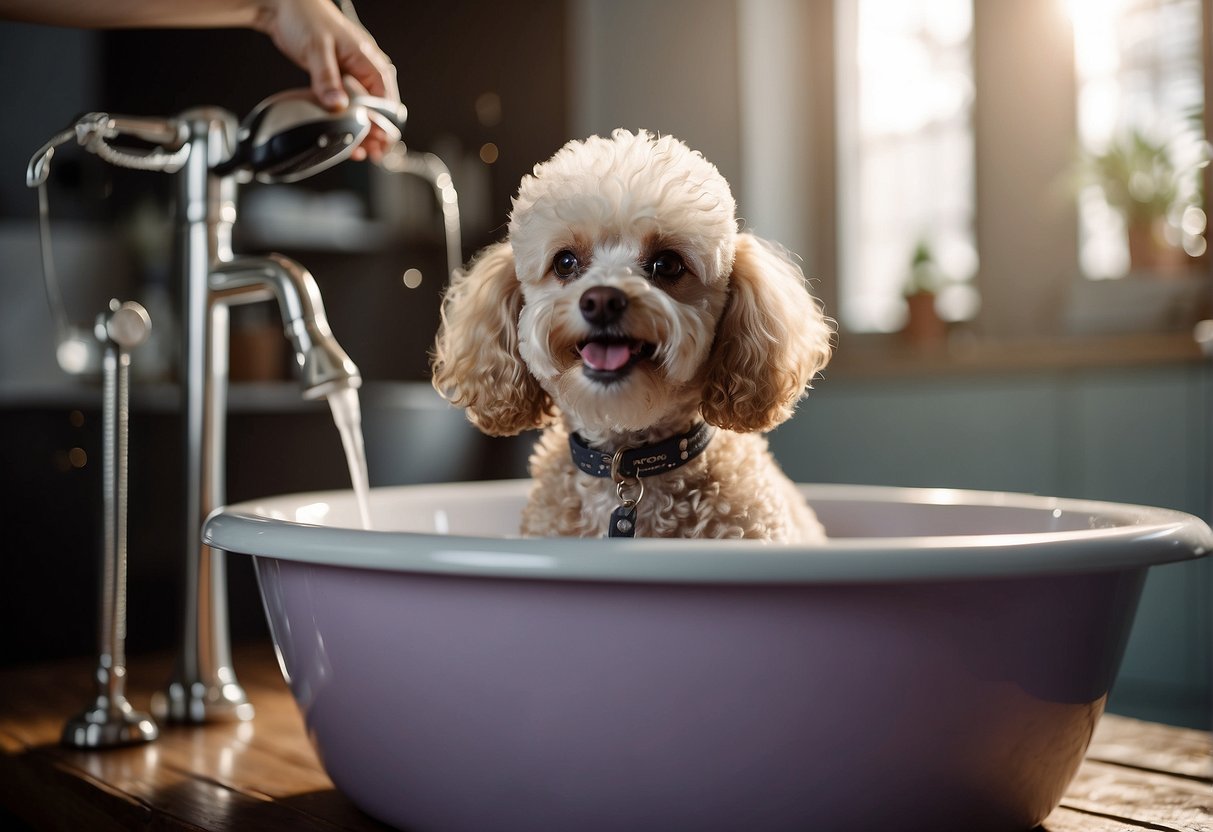 A poodle being bathed in a tub by a person with shampoo and a brush nearby