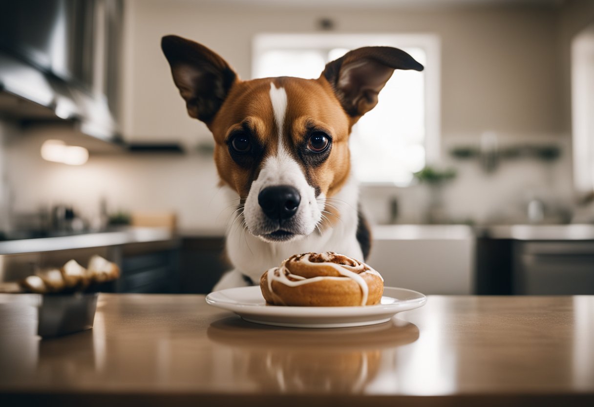 A dog eagerly snatches a cinnamon roll from a kitchen counter