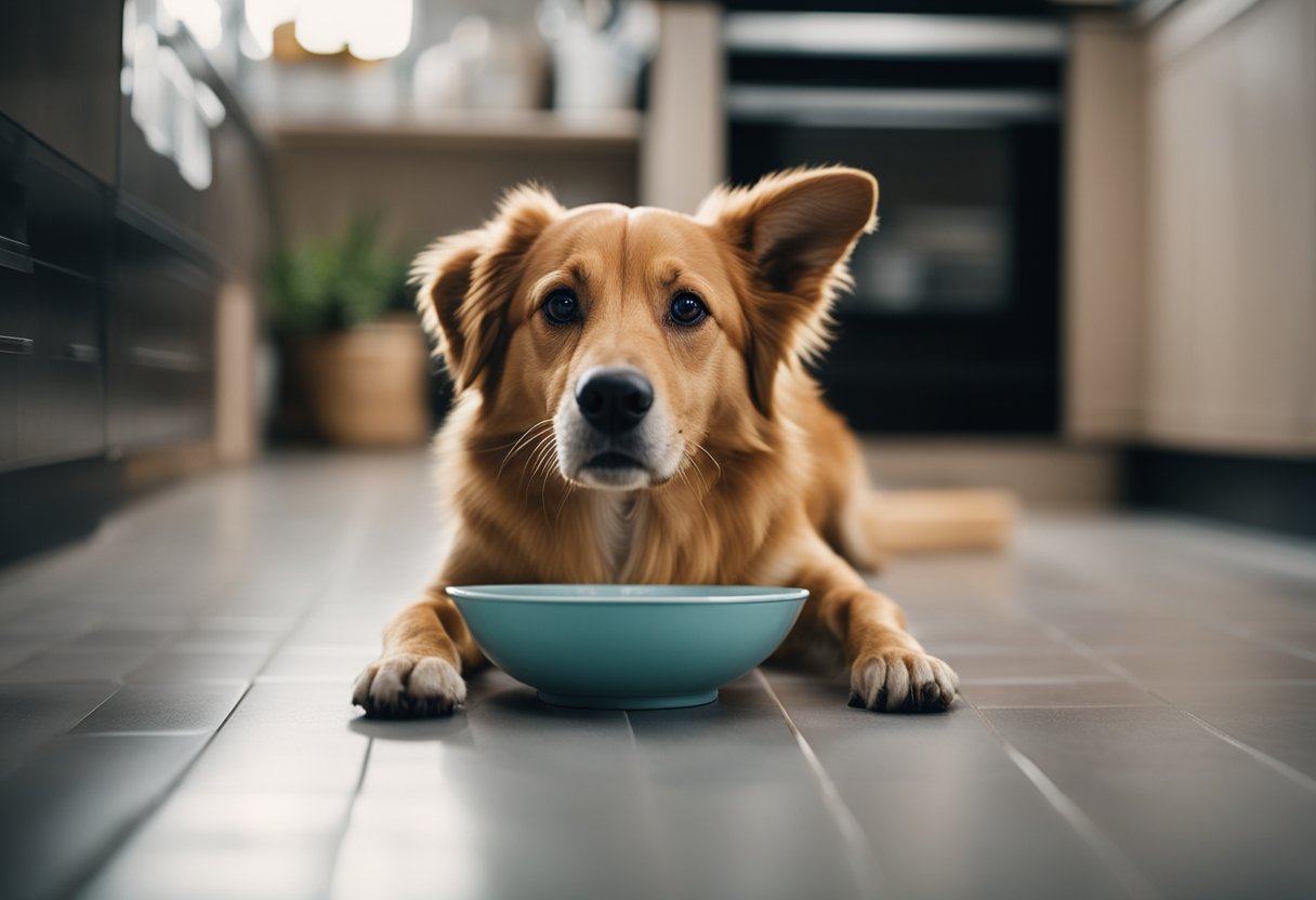 A dog eagerly eats garbanzo beans from a bowl on the kitchen floor