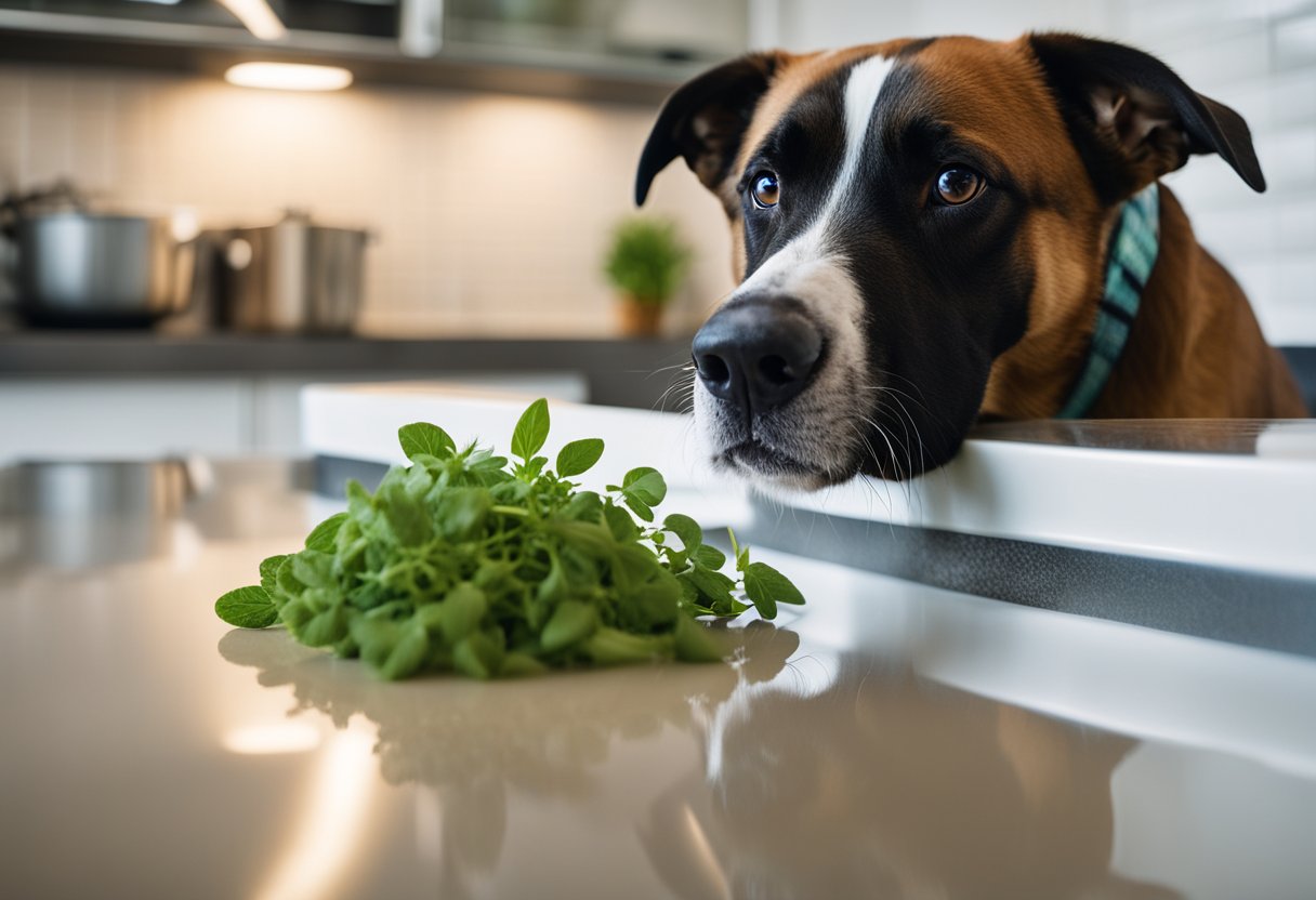 A dog sniffs a sprig of oregano on a kitchen counter