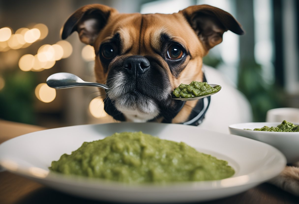 A dog eagerly sniffs a spoonful of pesto on a plate